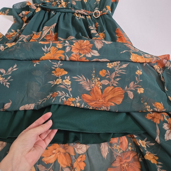 Alexa B Nites chiffon green orange floral flutter sleeve maxi dress 12P - Picture 8 of 12